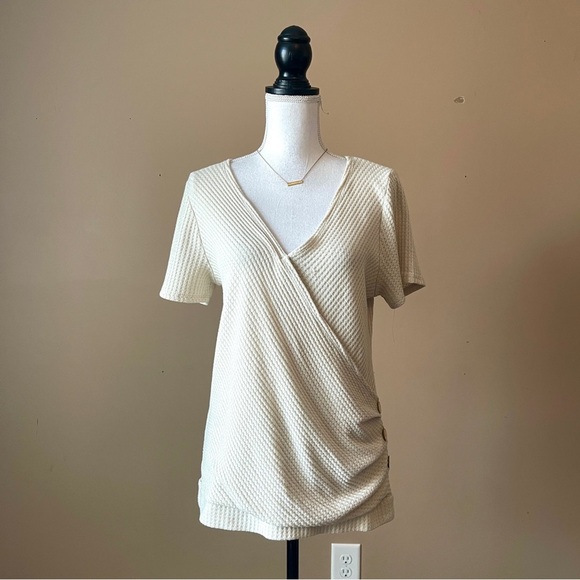 LAZY SUNDAYS | Cream Waffle Knit Spliced Neckline Top Sz L - Picture 1 of 6